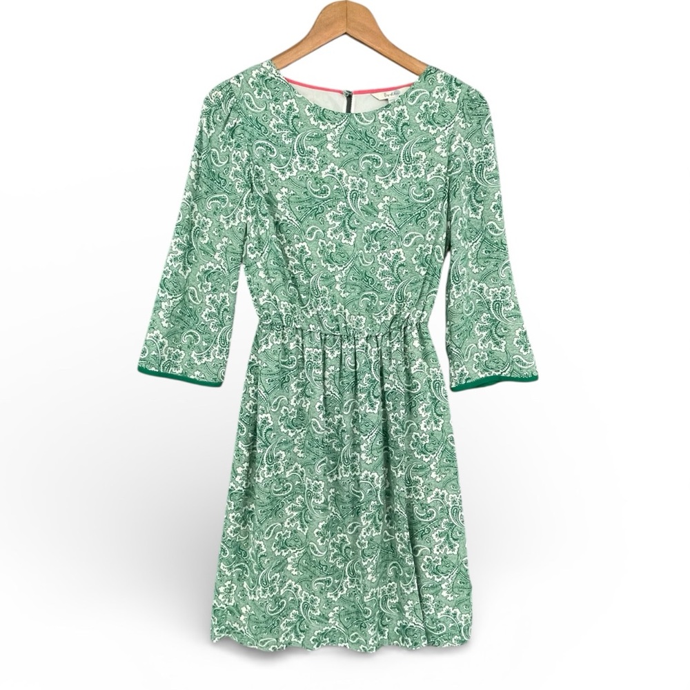 Boden Dolly Day Faux Wrap Dress Size 4 Green White Paisley Print 100% Viscose